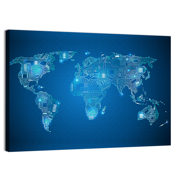 Digital Circuit World Map Wall Art as a canvas print