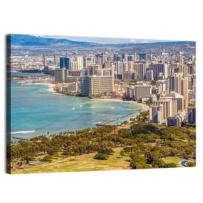 Waikiki Beach and Honolulu Skyline Wall Art as a canvas print