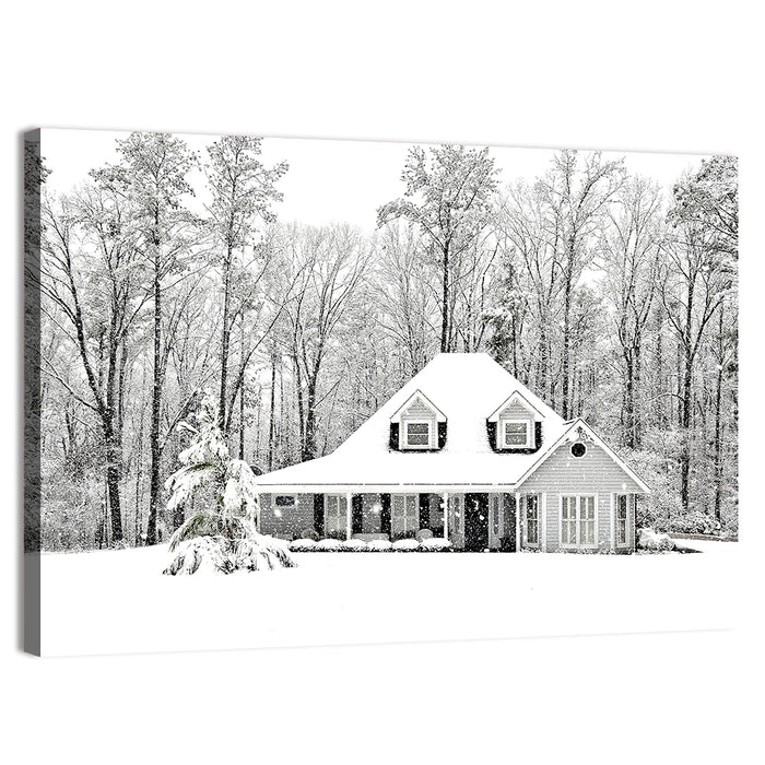 Frosty Winter House Landscape Wall Art as a canvas print