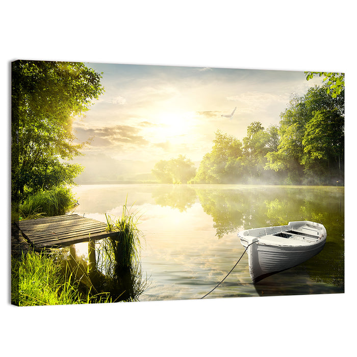 Rowboat at Misty Dock Wall Art as a canvas print