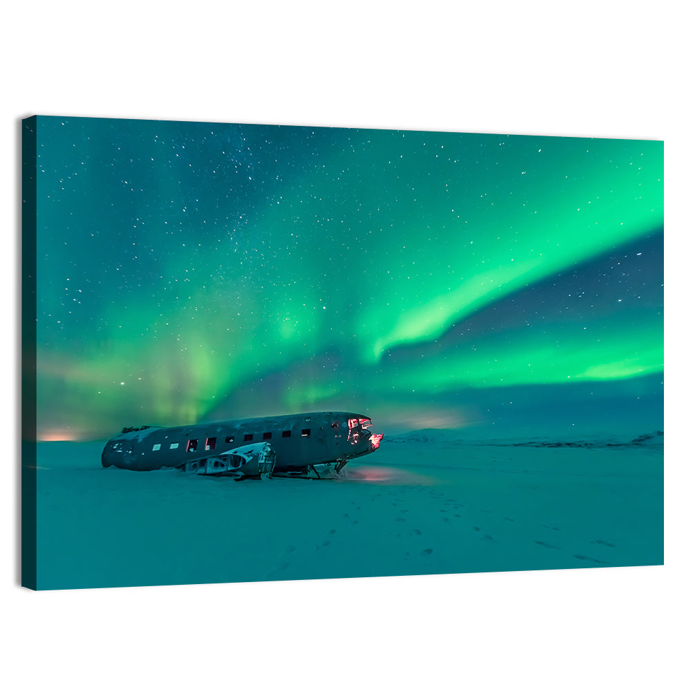 Northern Lights Over Sólheimasandur Wreck Wall Art, canvas print, landscape