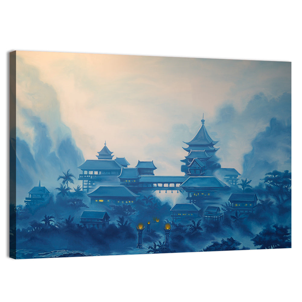 Misty Chinese Mountain Temple Wall Art, canvas print, landscape