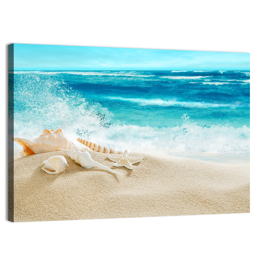 Seashells and Splashing Waves Wall Art, canvas print, landscape
