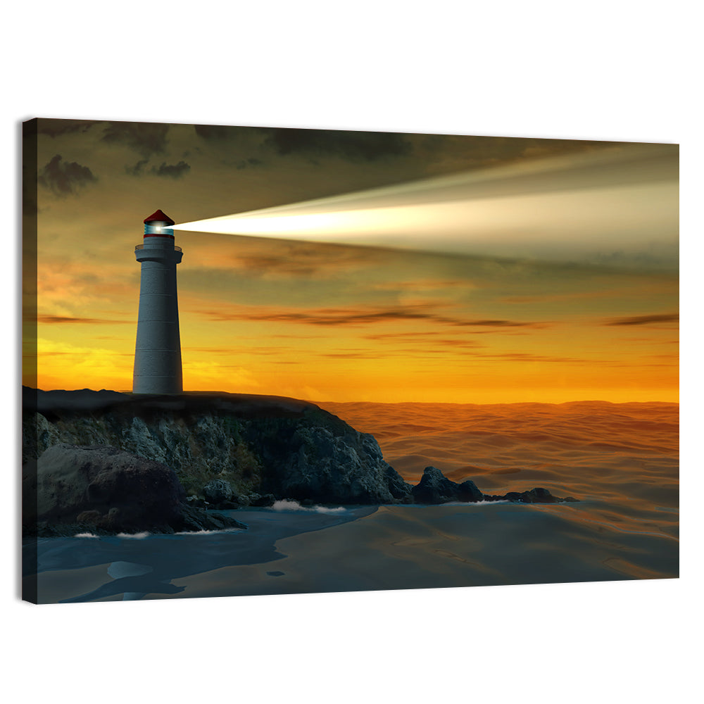 Solitary Lighthouse at Sunset Wall Art, canvas print, landscape