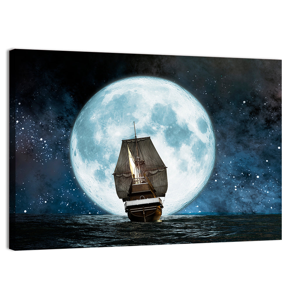 Sea Boat Under Moon Wall Art