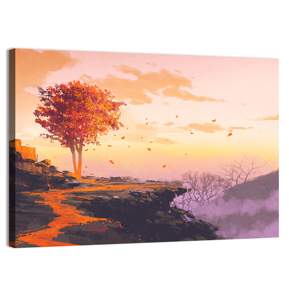 Melting Autumn Tree on Cliff Wall Art, canvas print, landscape