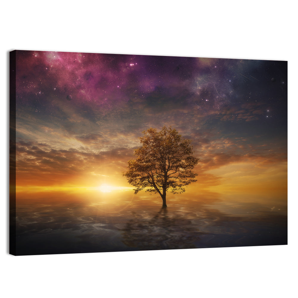 Surreal Tree Over Reflective Lake Wall Art, canvas print, landscape