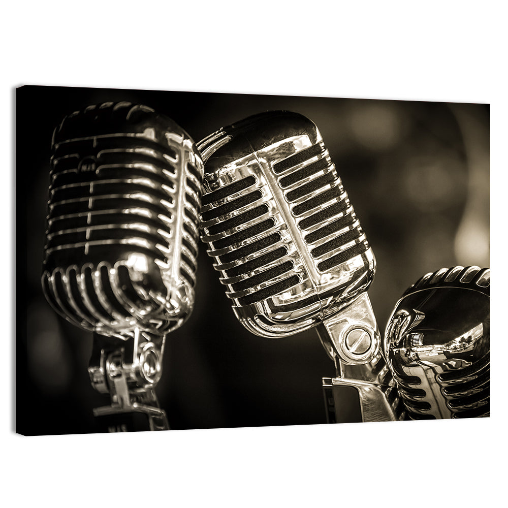 Three Vintage Studio Microphones Wall Art, canvas print, landscape