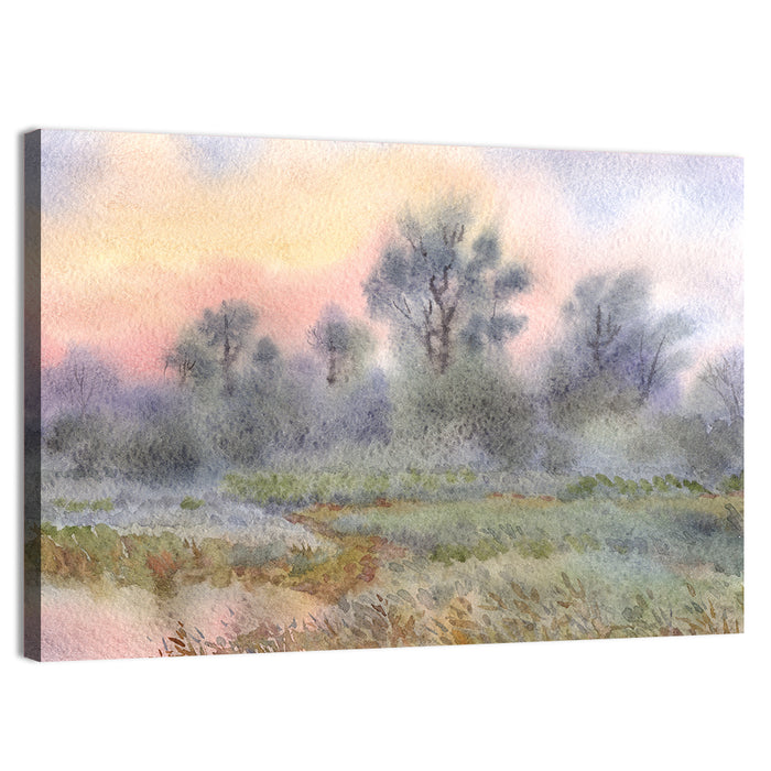 Morning Mist Over Meadow Wall Art as a canvas print