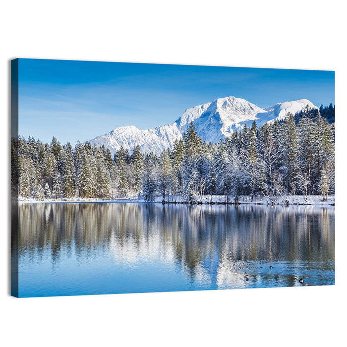 Snow Covered Alpine Lake Reflection Wall Art as a canvas print