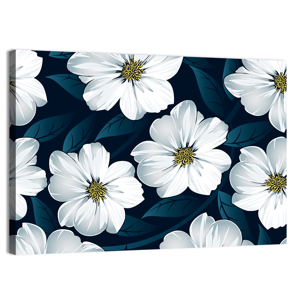 White Flowers on Navy Pattern Wall Art, canvas print, landscape