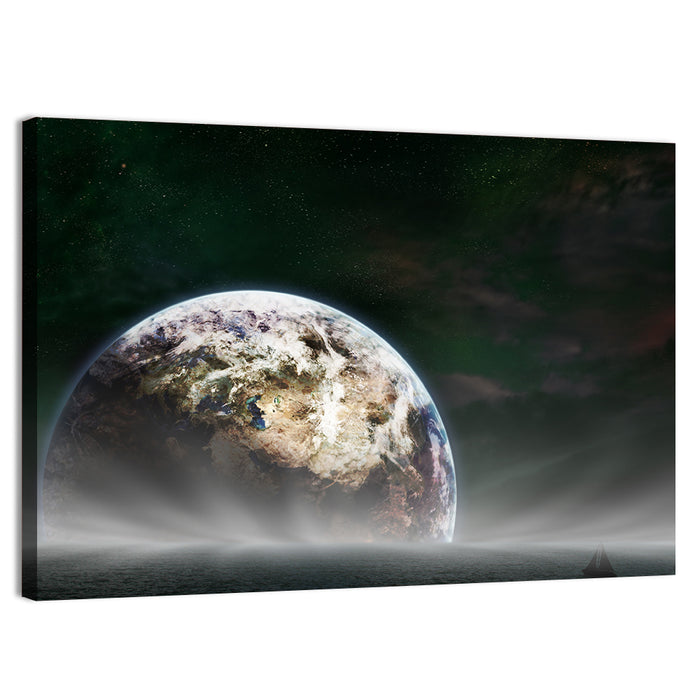 Earth Rising Over Ocean Wall Art as a canvas print