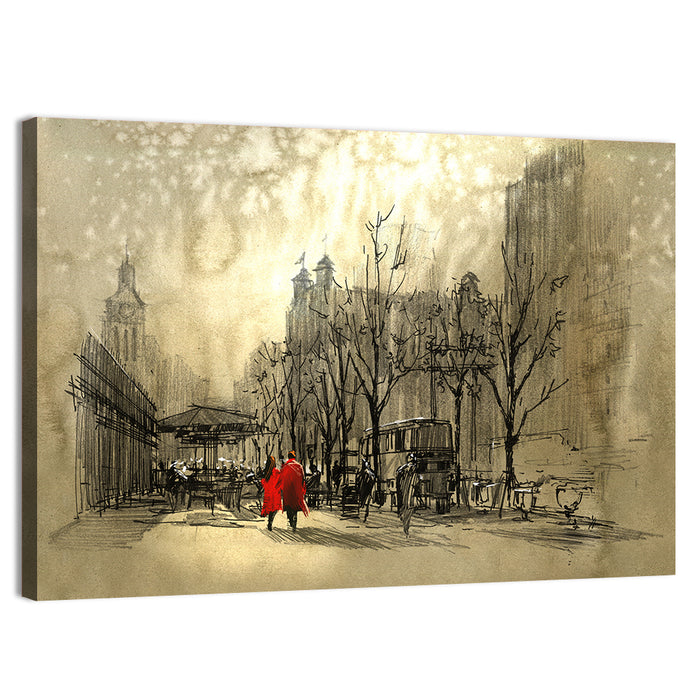 Couple in Red Coats on City Street Wall Art as a canvas print