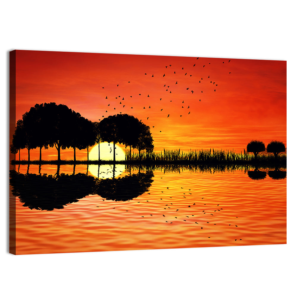 Trees Sunset On Lake Bank Wall Art