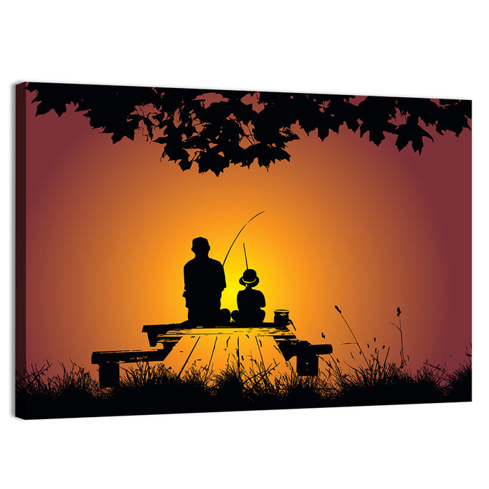 Father and Child Fishing Silhouette Wall Art as a canvas print