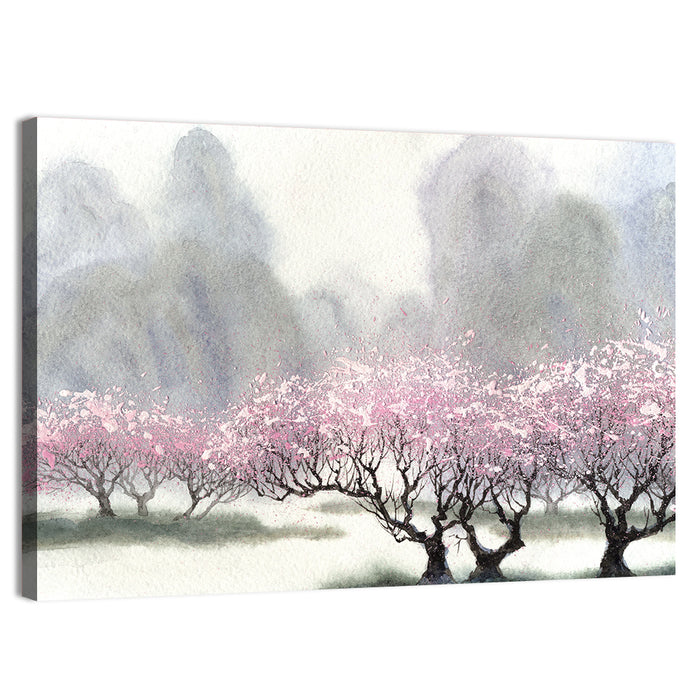 Cherry Blossom Orchard by the River Wall Art as a canvas print