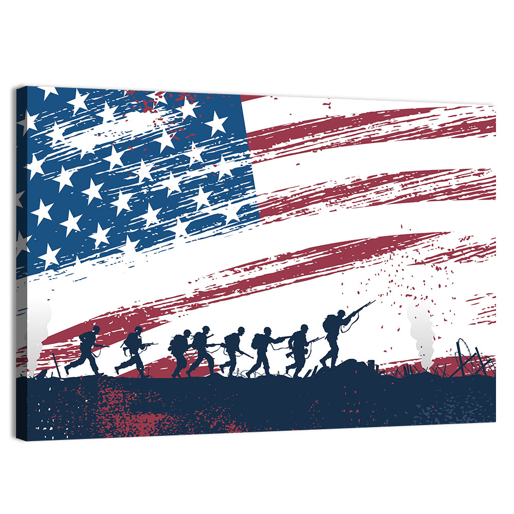 Silhouetted Soldiers with Distressed American Flag Wall Art, canvas print, landscape