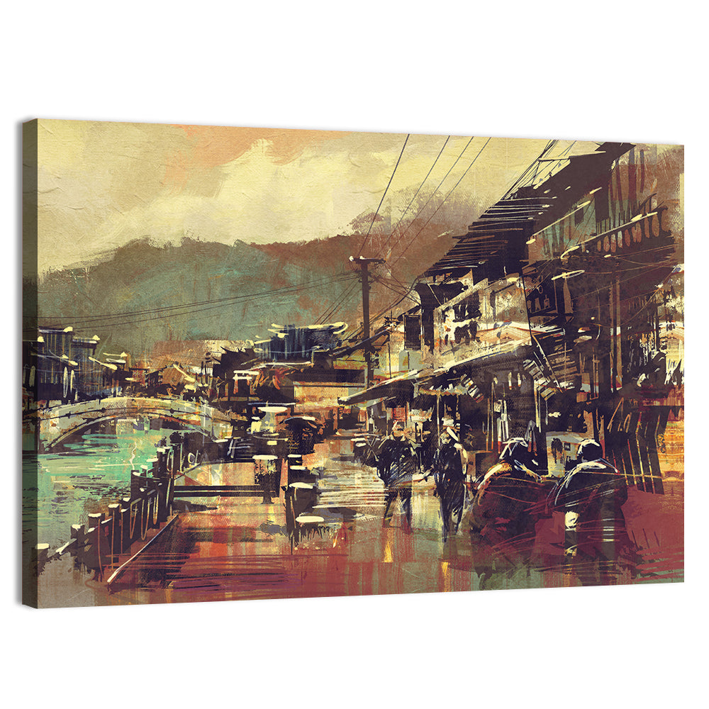Old Riverside Village at Dusk Wall Art, canvas print, landscape