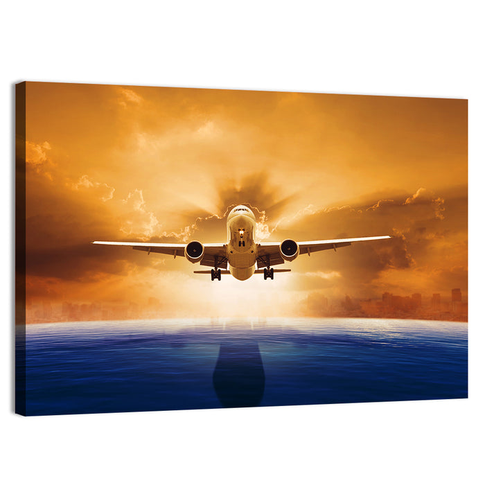 Landing Jet Over Ocean at Sunset Wall Art as a canvas print