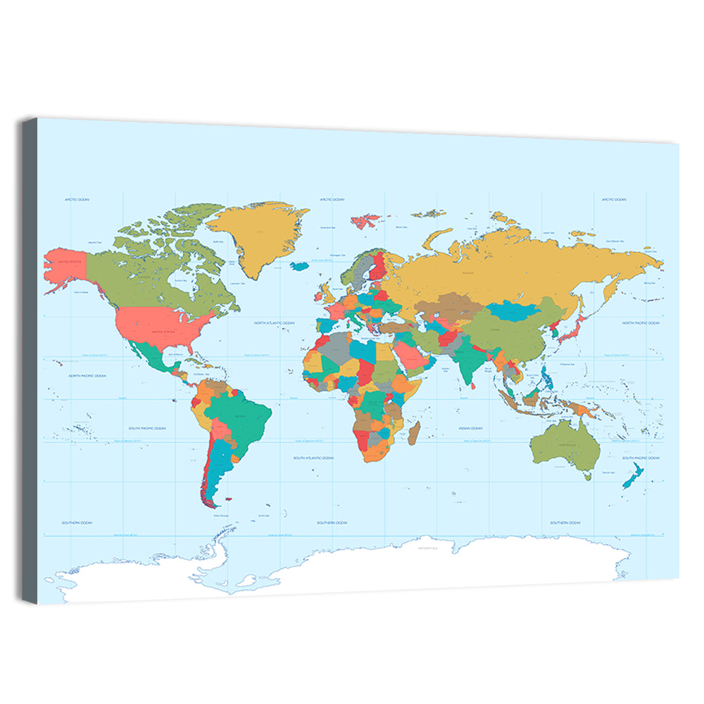 Colorful World Map with Grid Wall Art, canvas print, landscape