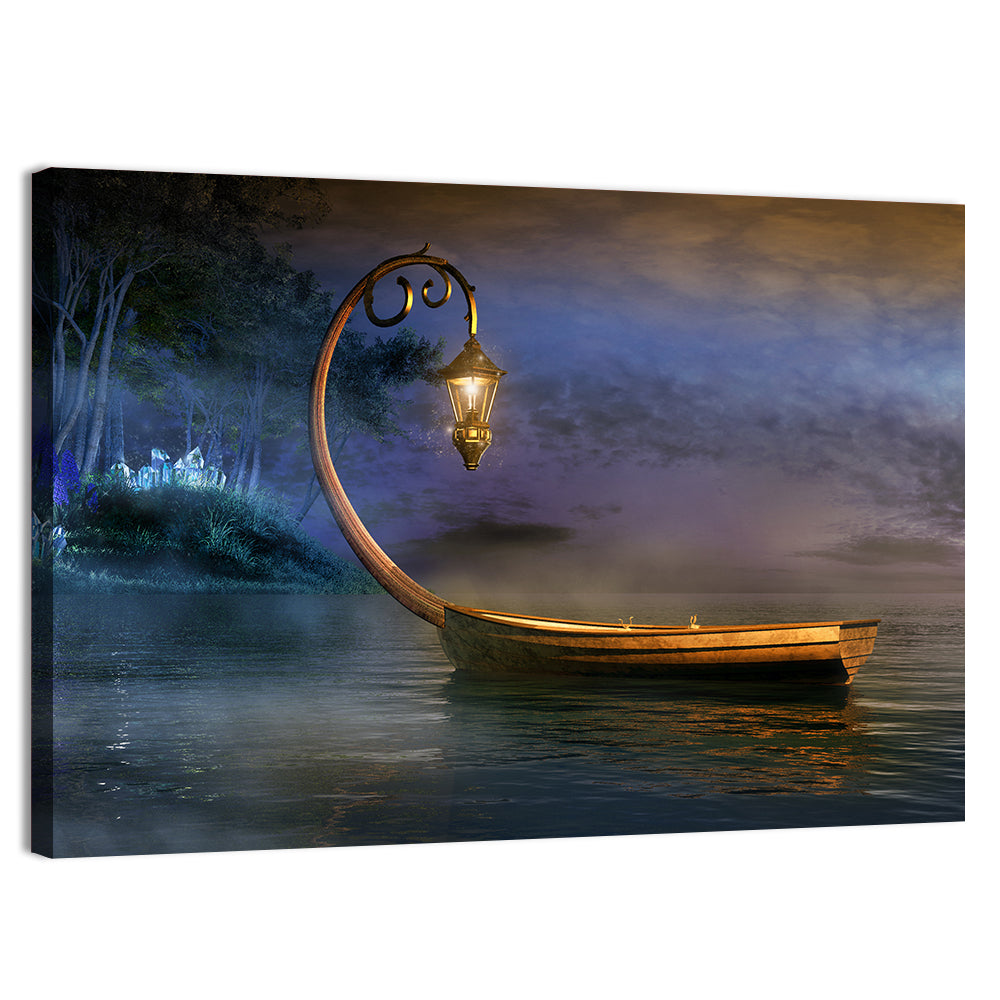 Lantern Boat on a Misty Lake Wall Art, canvas print, landscape