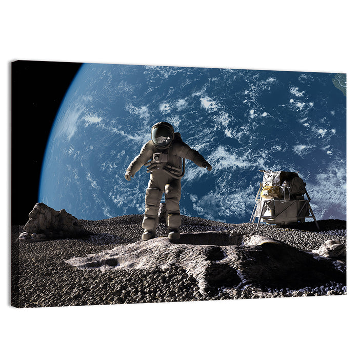 Astronaut on Cratered Planet Wall Art as a canvas print