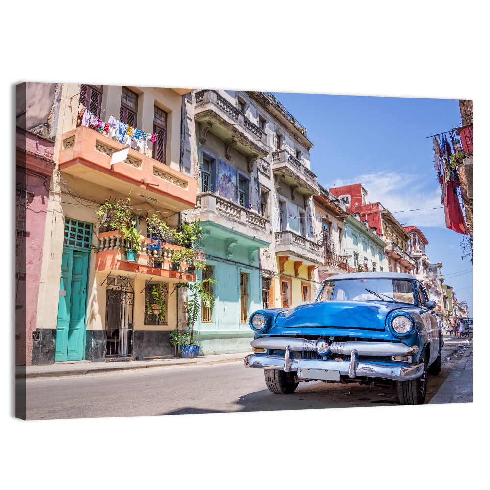 Vintage American Car on Colorful Street Wall Art, canvas print, landscape