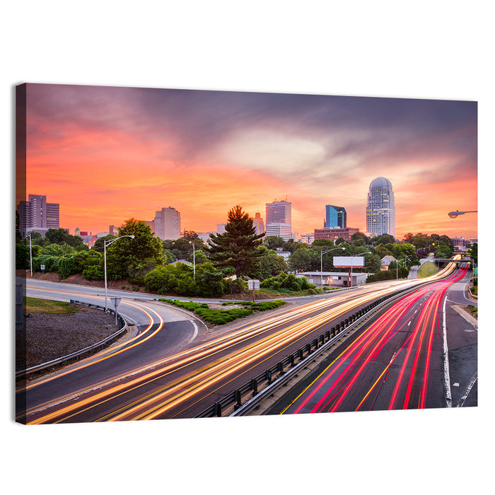 Winston-salem Dusk Skyline with Light Trails Wall Art as a canvas print