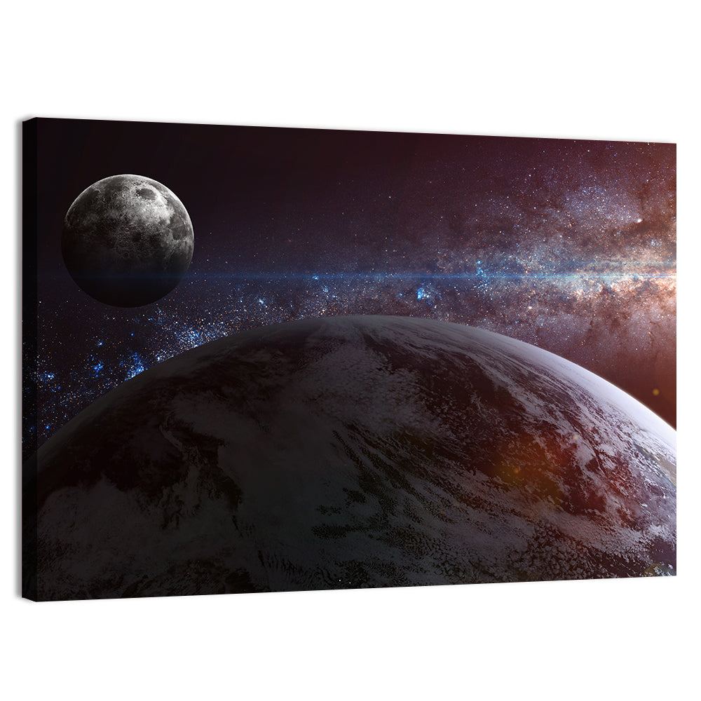 Earth and Moon Over Nebula Wall Art, canvas print, landscape