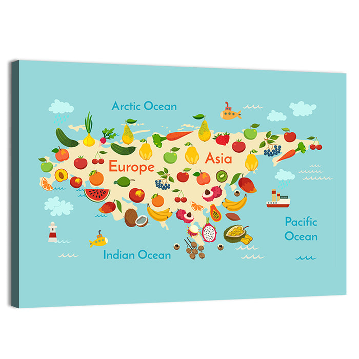 Illustrated Fruit World Map Wall Art as a canvas print