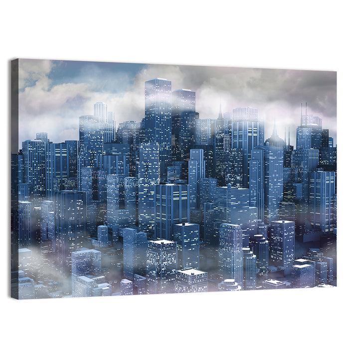 Misty Twilight City Skyline Wall Art as a canvas print