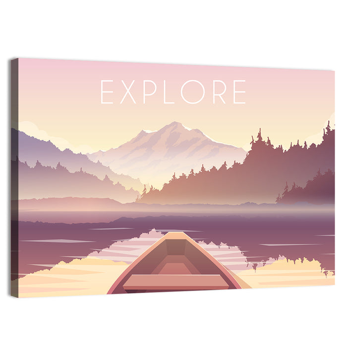 Explore Mountain Lake Sailing Illustration Wall Art as a canvas print