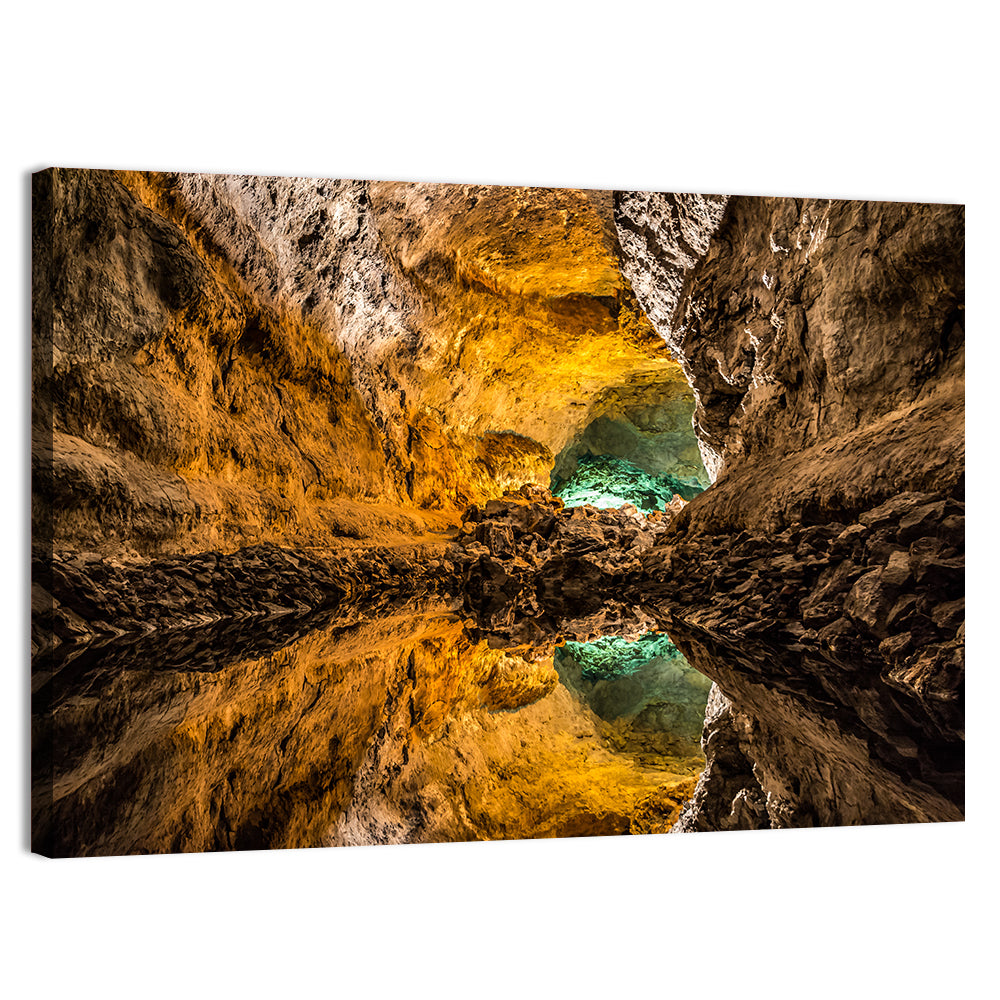 Glowing Green Cave Reflection Wall Art, canvas print, landscape