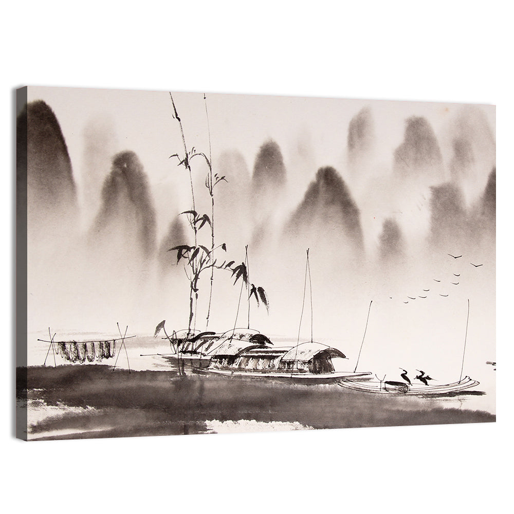 Misty Ink Wash Fishing Boats Wall Art, canvas print, landscape