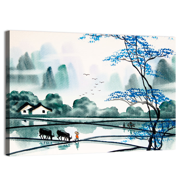 Blue Tree Over Rice Paddies Wall Art as a canvas print