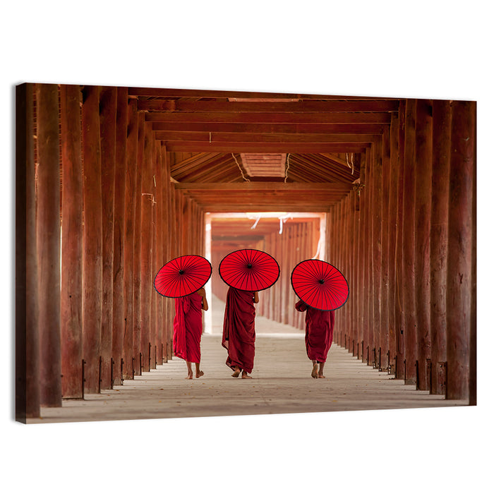 Novice Monks with Red Umbrellas Wall Art as a canvas print