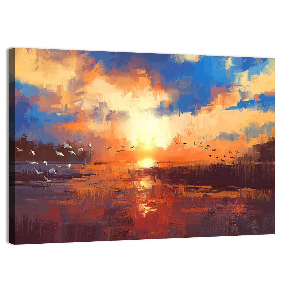 Golden Sunset Over Lake Wall Art, canvas print, landscape