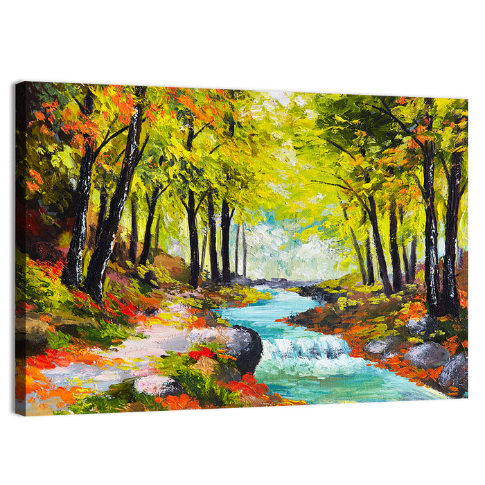 Winding Autumn Stream with Waterfall Wall Art as a canvas print