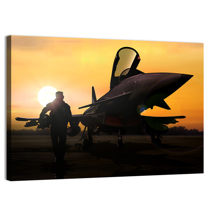 Pilot and Fighter Jet at Sunset Wall Art as a canvas print