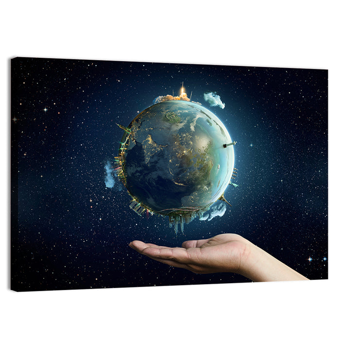 Earth Cradled in Palm with City Lights Wall Art as a canvas print