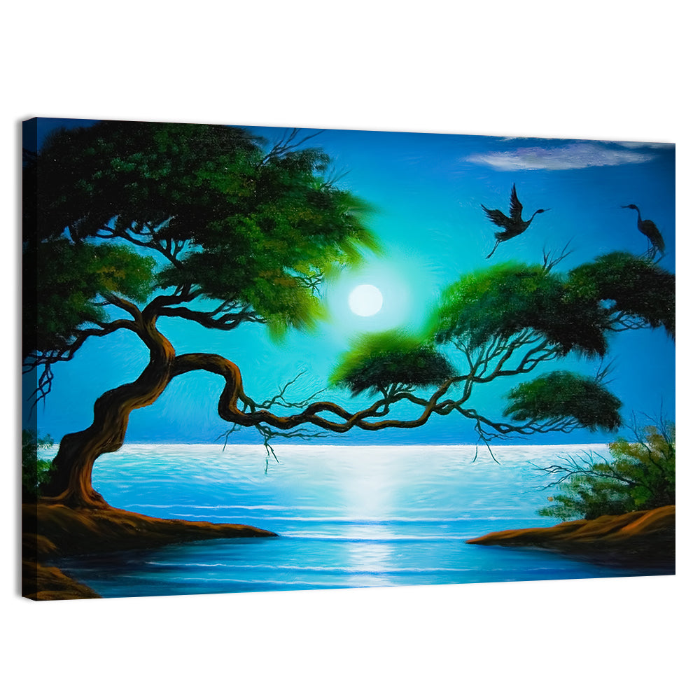 Moonlit Coastal Tree Wall Art, canvas print, landscape