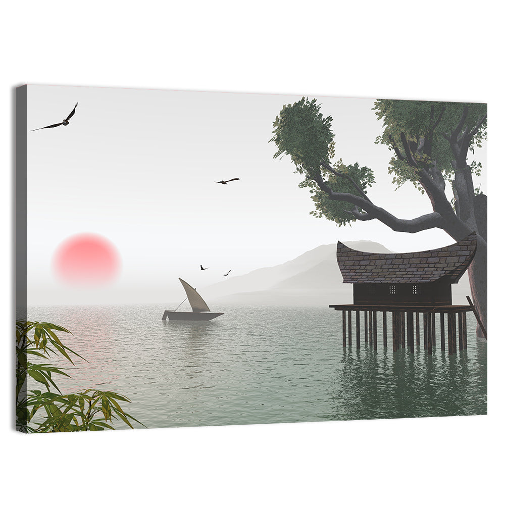 Red Sun Over Japanese Lake Wall Art, canvas print, landscape