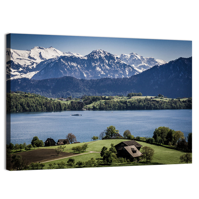 Alpine Lake View with Meadows Wall Art as a canvas print