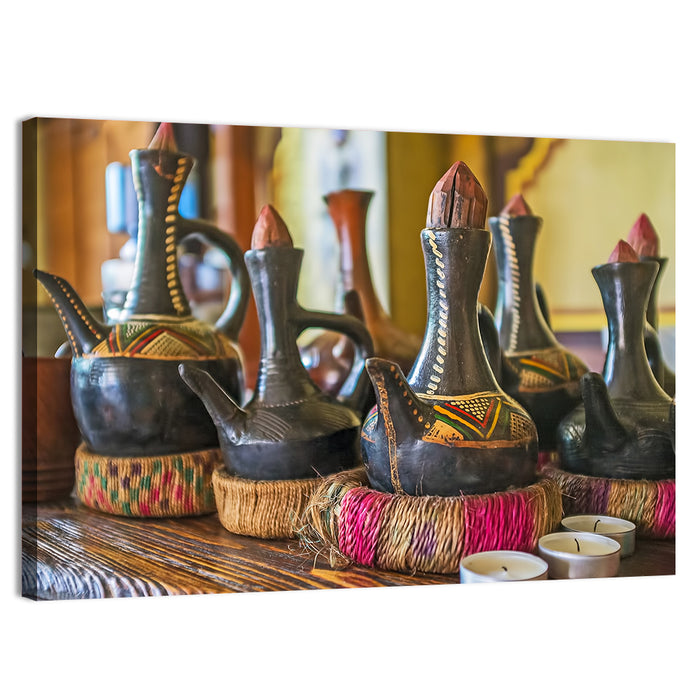 Clay Pots on African Cafe Counter Wall Art as a canvas print