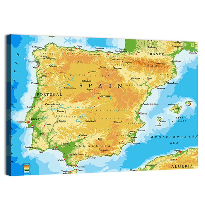 Iberian Peninsula Physical Map Wall Art as a canvas print