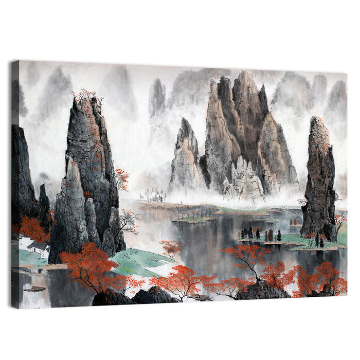 Autumn Mist Over Mountain Lake Wall Art as a canvas print