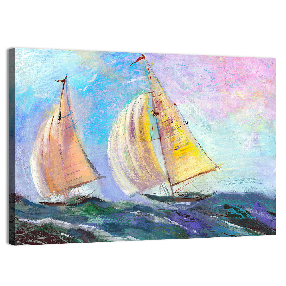 Two Sailboats in Colorful Seascape Wall Art, canvas print, landscape