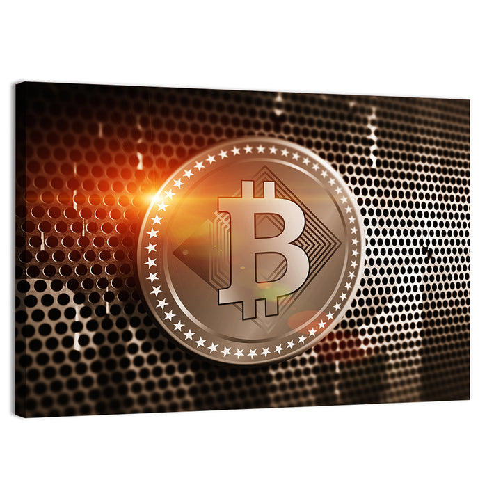Golden Bitcoin Closeup Wall Art as a canvas print