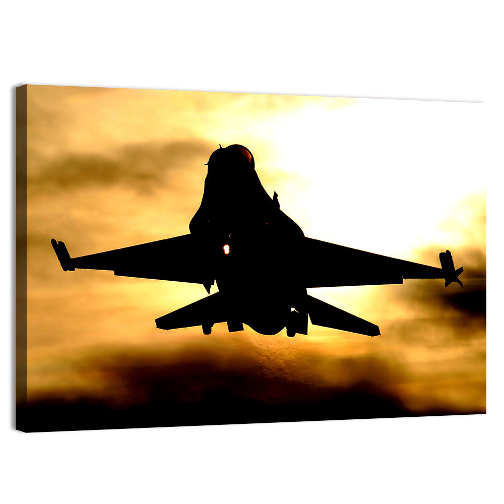 F-16 Landing at Golden Sunset Wall Art, canvas print, landscape