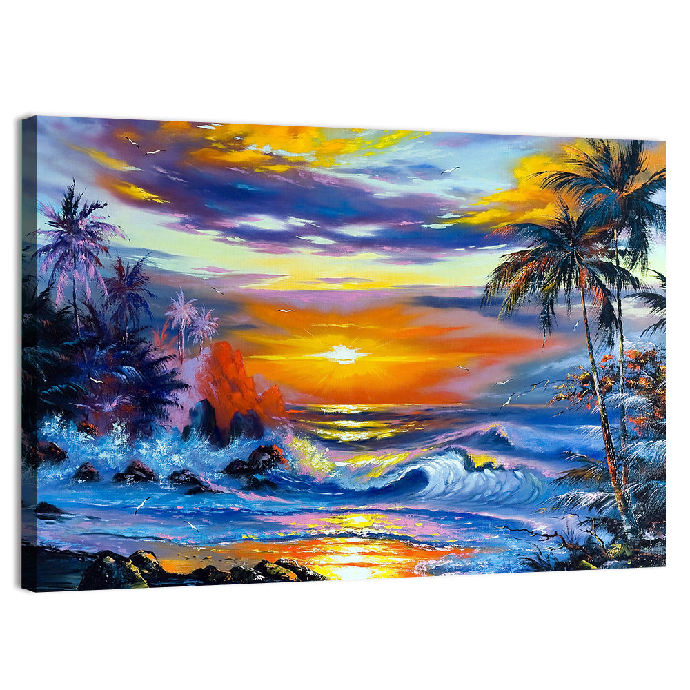 Evening Coastal Sunset with Palm Silhouettes Wall Art, canvas print, landscape